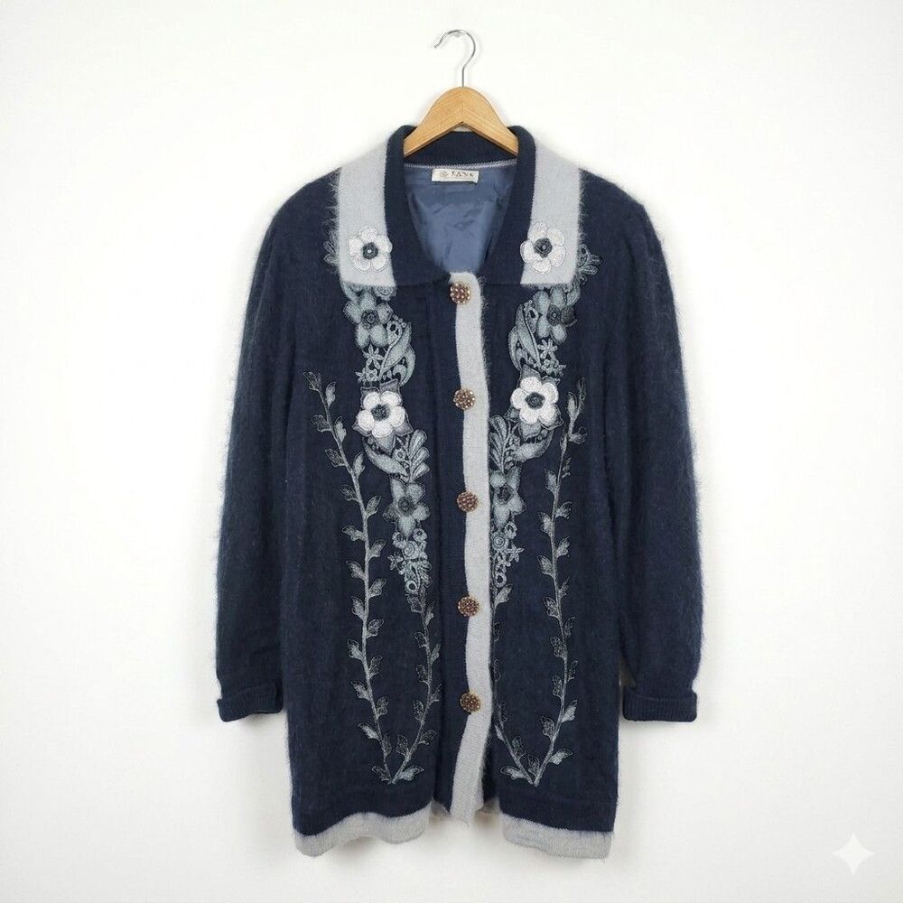 Vintage Cana Angora Wool Long Cardigan Duster Sweater Jacket Fuzzy Floral XL